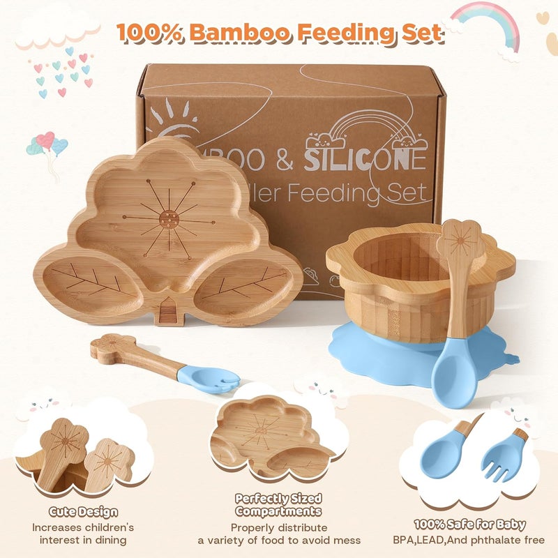 MingHoYo Bamboo Suction Plates Bowls Set for Baby Toddler - Includes Bamboo Bowl, Divided Plate, Silicone Fork & Spoon, All-Natural Baby Feeding Set for Baby-Led Weaning - Image 3